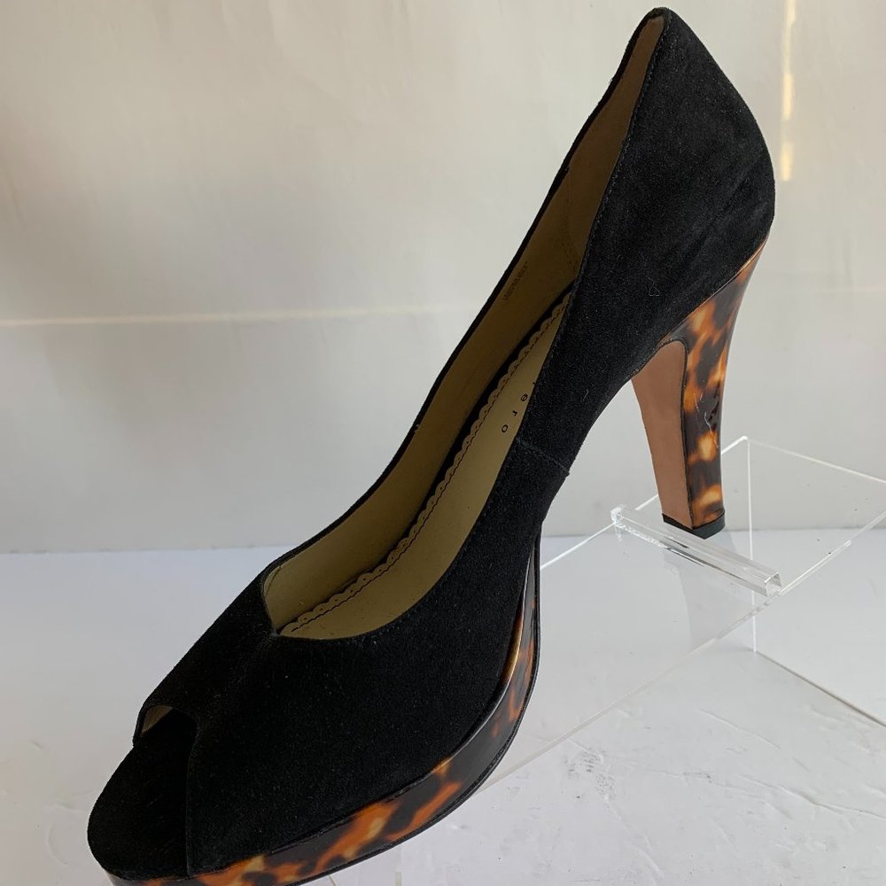 Martinez Valero Black Suede Leopard Print Platform Peep Toe Heels - Sz. 11m